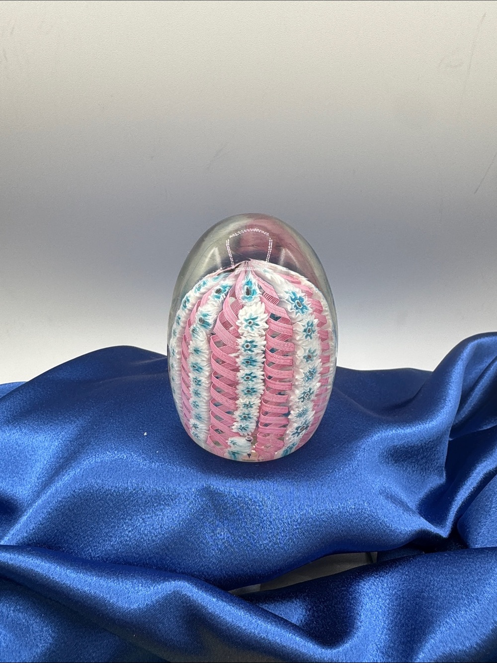 Handmade Murano Latticino Millefiori Paperweight with Blue-White Cane Pattern